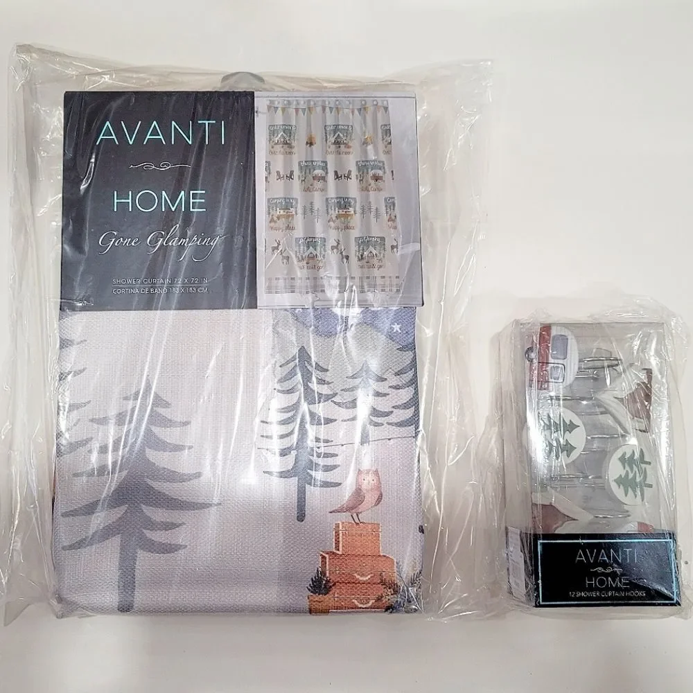 GONE GLAMPING Fabric Shower Curtain & Hook Set by Avanti Home 72x72, NIP